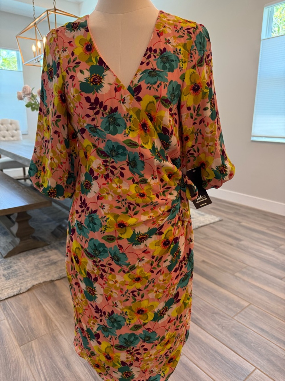 NWT! Aidan Mattox - Peach Floral Faux-Wrap Mini Dress with Teal & Yellow Blooms